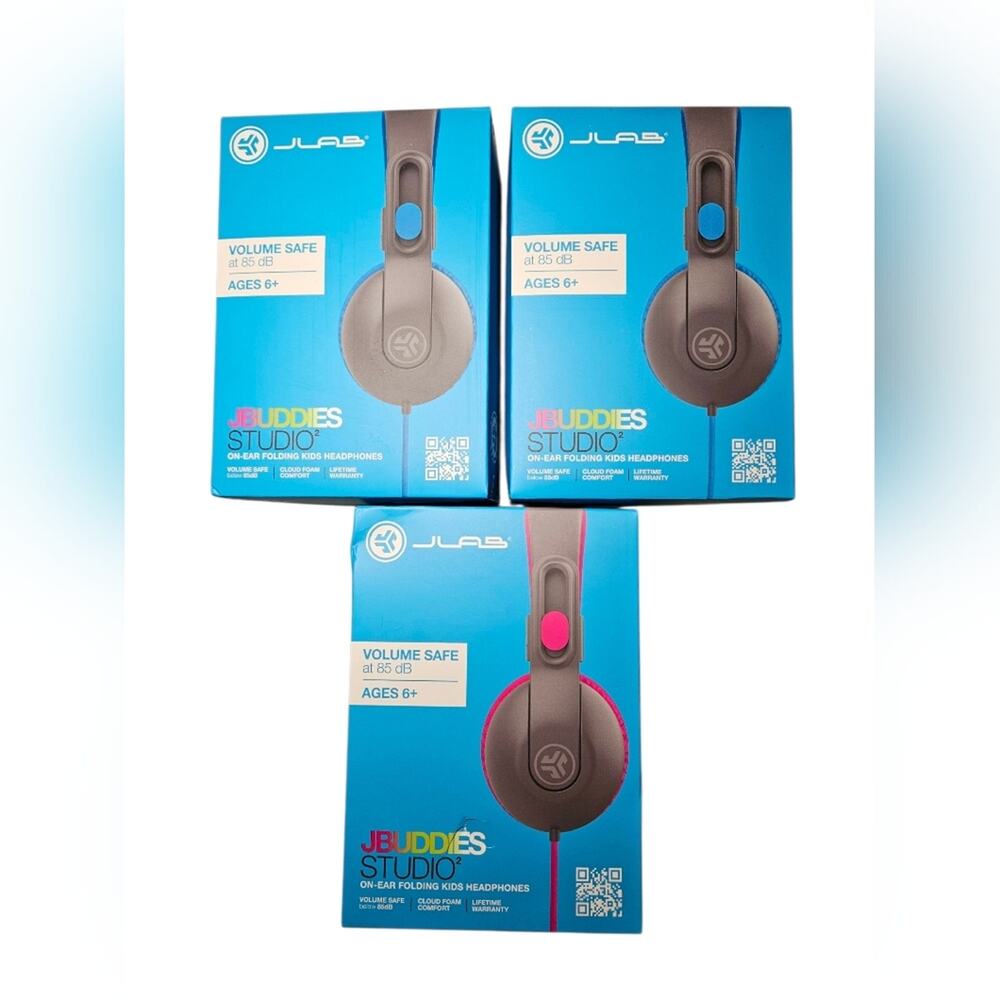 3 - NWT JLab JBuddies Studio Adult Headphones - 1 Black & Pink, 2 Blue & Black